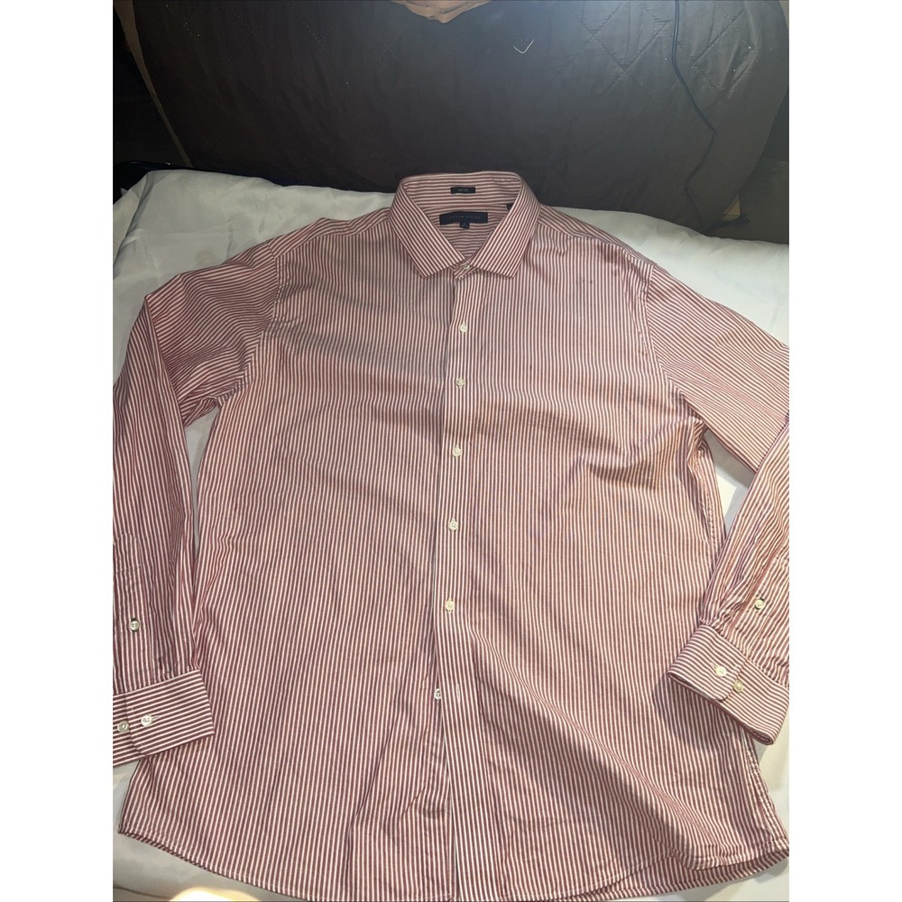 Tommy Hilfiger mens 17 34-35 red /white stripped Long Sleeve Button Up Xmas 206